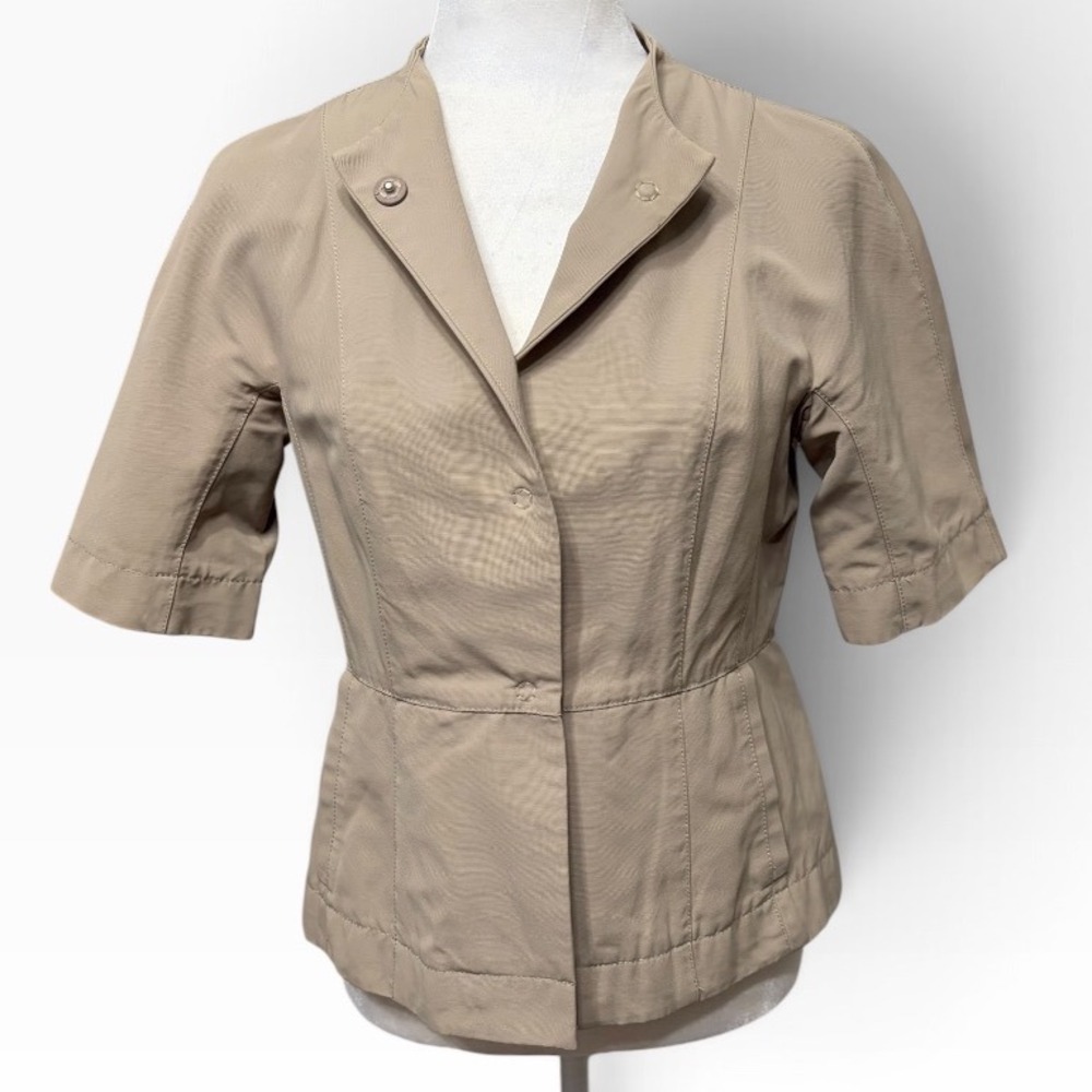 Ann Taylor Tan Peplum Jacket Short Sleeve Smocked Back Women's Size 6